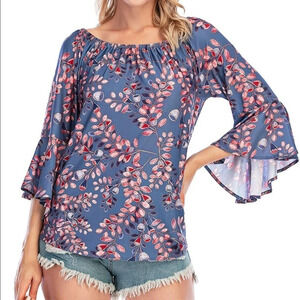 OFF Shoulder Boho Floral Print Flare Sleeves, M